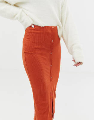 asos design rib popper midi skirt