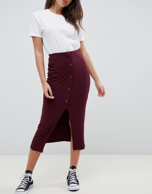 ASOS DESIGN rib popper midi skirt