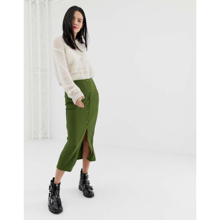 Asos design rib 2025 popper midi skirt