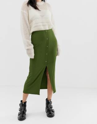 asos design rib popper midi skirt