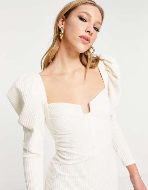 princess polly baby blue dress ASOS DESIGN rib puff sleeve midi bodycon dress in cream