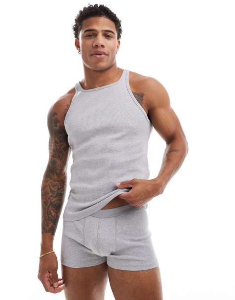 ASOS DESIGN rib singlet and trunks underwear set in grey marl - view 1