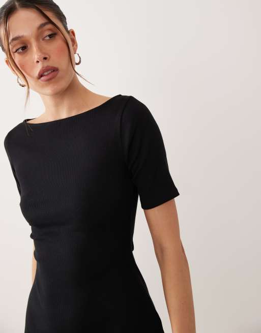 ASOS DESIGN rib slash neck shoulder seam mini dress in black, 2 of 4