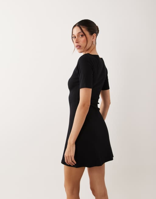 ASOS DESIGN rib slash neck shoulder seam mini dress in black, 3 of 4