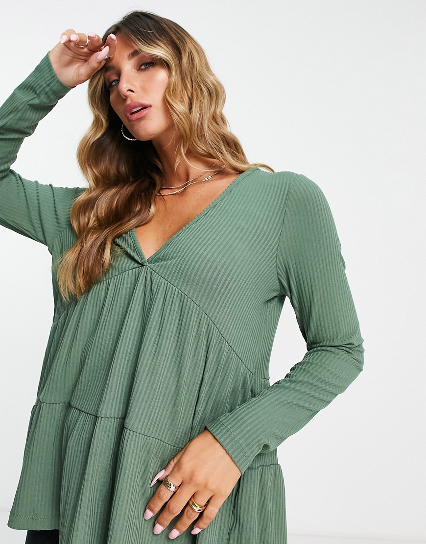 ASOS DESIGN rib smock top with long sleeve in green