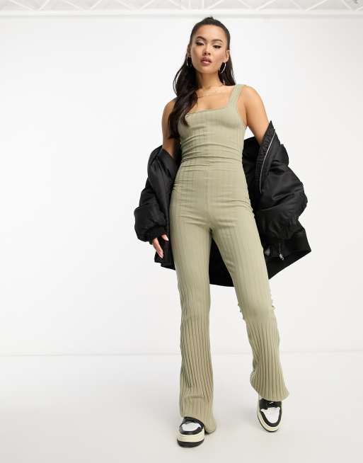 ASOS DESIGN rib strappy unitard jumpsuit in washed khaki