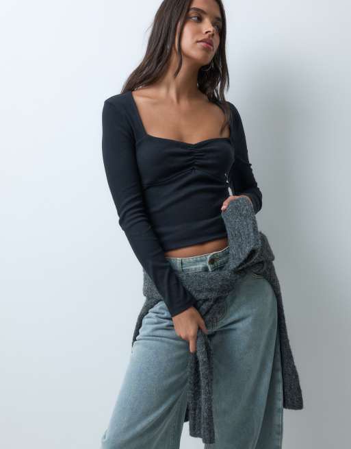 ASOS DESIGN rib sweetheart neckline long sleeve top in black, 4 of 5