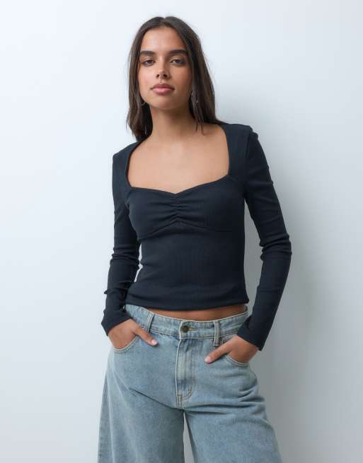 ASOS DESIGN rib sweetheart neckline long sleeve top in black, 5 of 5