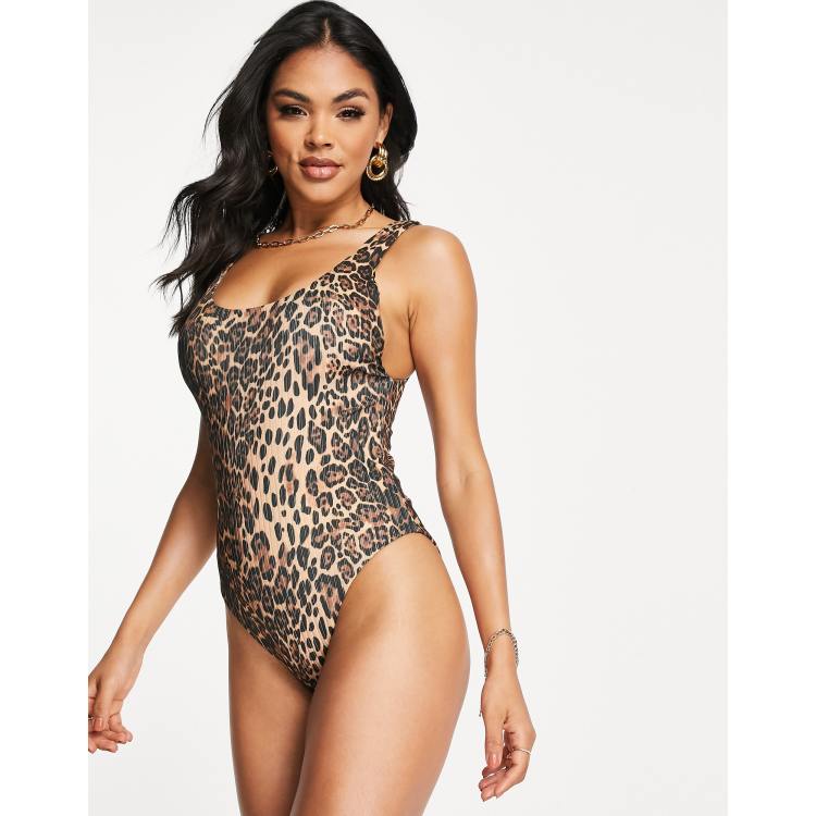 ASOS DESIGN Fuller Bust plunge rib swimsuit with lace up side detail in  leopard animal print