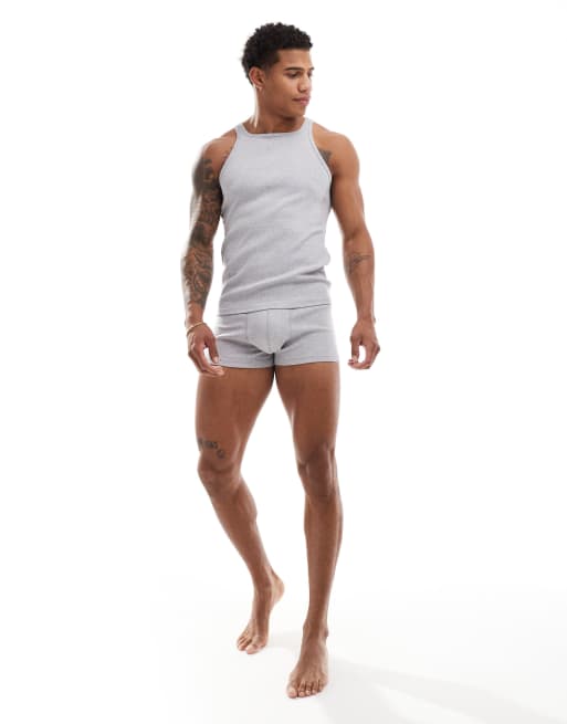 ASOS DESIGN rib tank top and trunk underwear set in gray heather