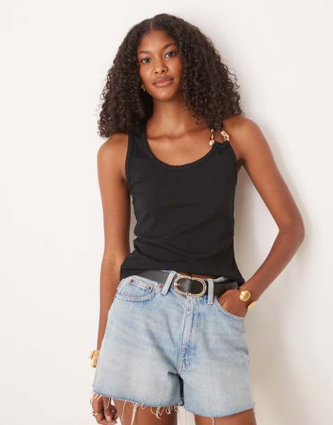 ASOS DESIGN rib tank top with gold hardware detail in black - view 1