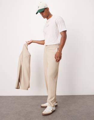 ASOS DESIGN ASOS DESIGN rib texture barrel leg suit trouser in stone-White