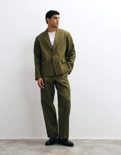 ASOS DESIGN rib texture boxy suit in olive green - view 1