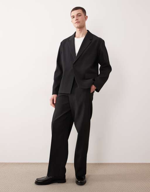 ASOS DESIGN rib texture boxy suit jacket in black, 2 of 5