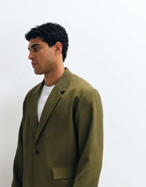 ASOS DESIGN rib texture boxy suit jacket in olive green, 5 of 5
