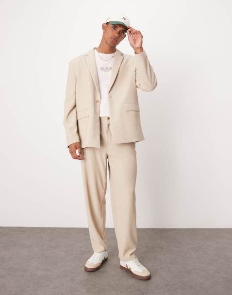 ASOS DESIGN rib texture slouchy suit in stone - view 1