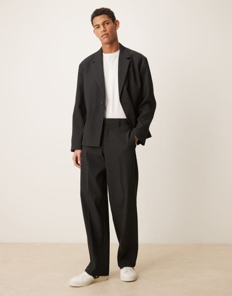 ASOS DESIGN rib texture wide suit trousers in black - view 1