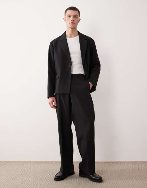 ASOS DESIGN rib texture wide suit trousers in black