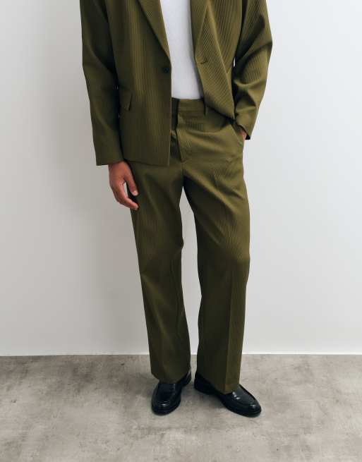 ASOS DESIGN rib texture wide suit trousers in olive green, 2 of 5
