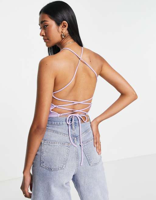 ASOS DESIGN rib tie back top in lilac