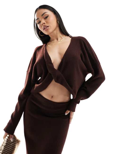 ASOS DESIGN rib twist front top in chocolate brown (part of a set)