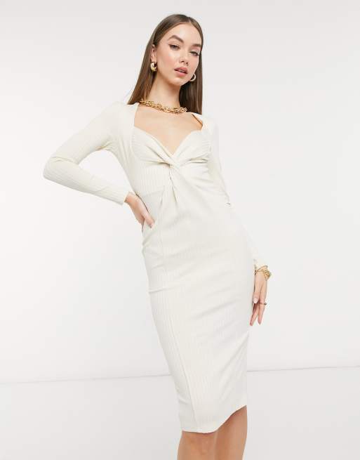 ASOS DESIGN rib twist plunge midi dress in stone | ASOS