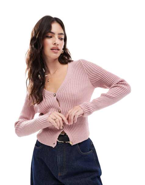ASOS DESIGN rib v neck cardigan in pink - view 1