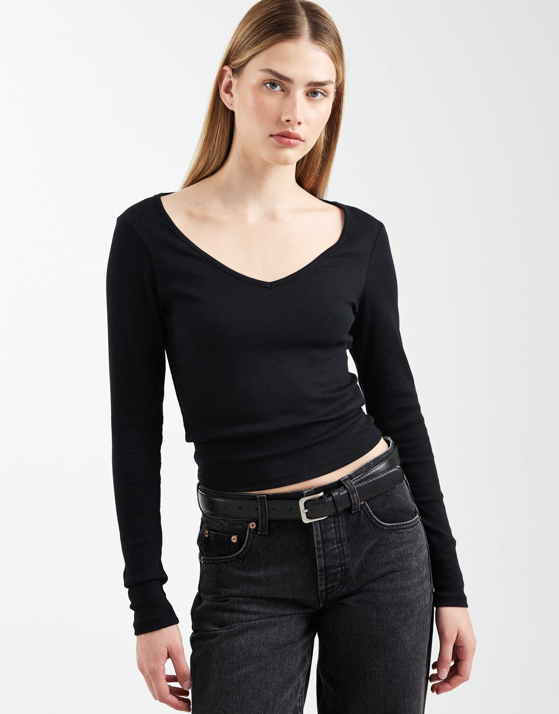 asos design rib v neck long sleeve top in black