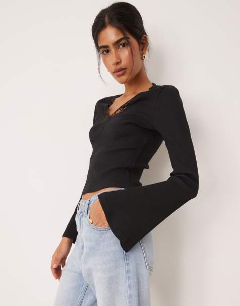 ASOS DESIGN rib v neck top with lace trim and flared sleeve in black - BLACK - view 1