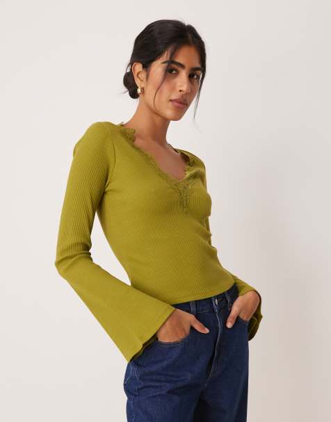 ASOS DESIGN rib v neck top with lace trim and flared sleeve in dark olive - view 1