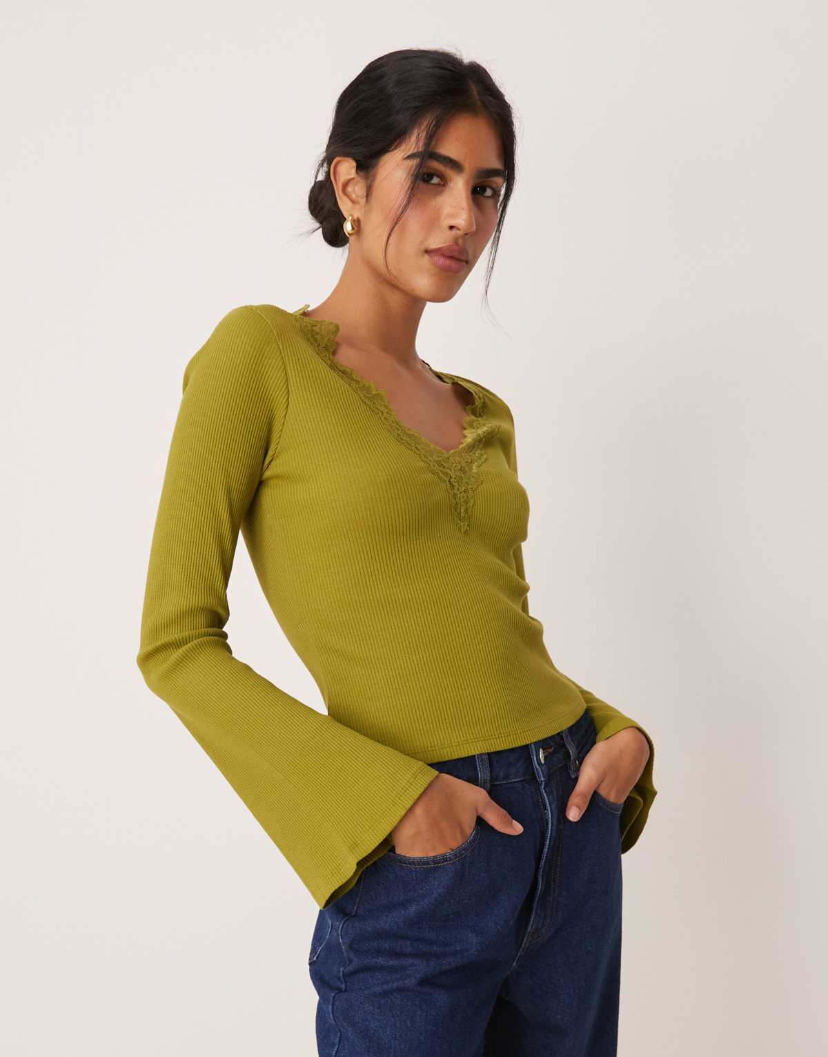 ASOS DESIGN rib v neck top with lace trim and flared sleeve in olive