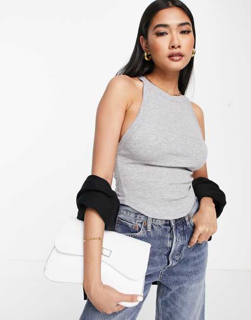 ASOS DESIGN rib vest with asymmetric strap in grey marl