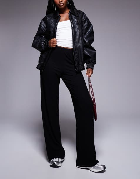 ASOS DESIGN rib wide leg pants in black - view 1
