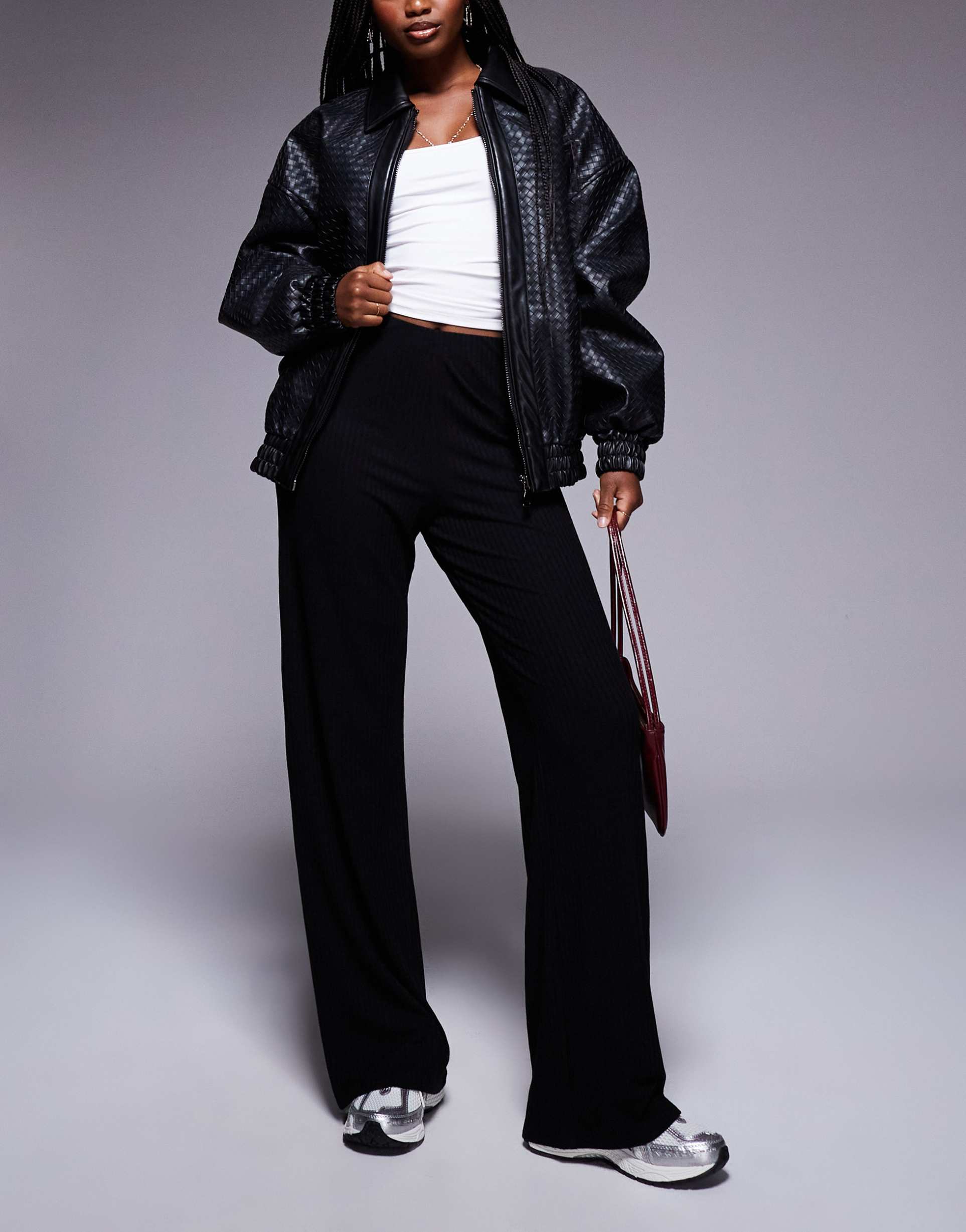 asos design rib wide leg pants in black