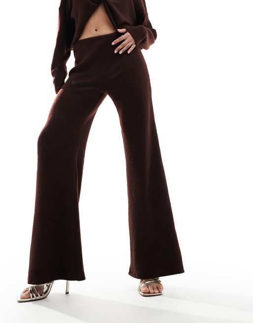 ASOS DESIGN rib wide leg pants in chocolate brown (part of a set), 3 of 5