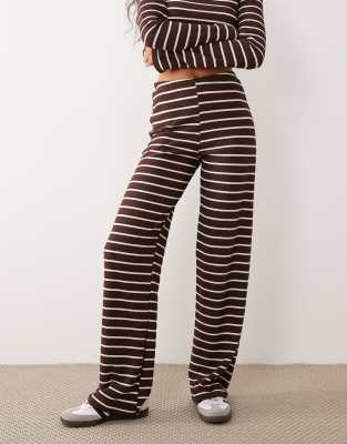Asos Design Rib Wide Leg Pants In Brown