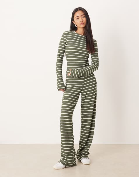 ASOS DESIGN rib wide leg pants in khaki stripe (part of a set) - view 1