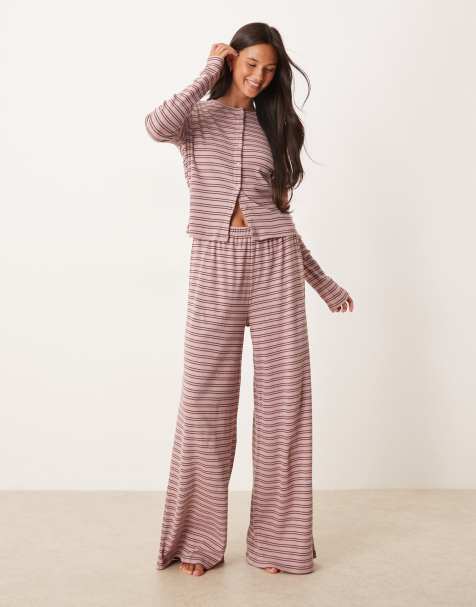 ASOS DESIGN rib wide leg pyjama pants in pink & brown stripe - view 1