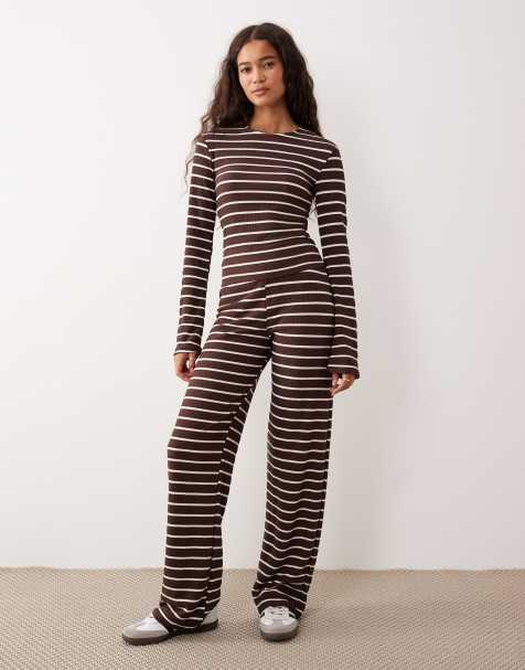 ASOS DESIGN rib wide leg trouser co-ord in choc stripe - view 1