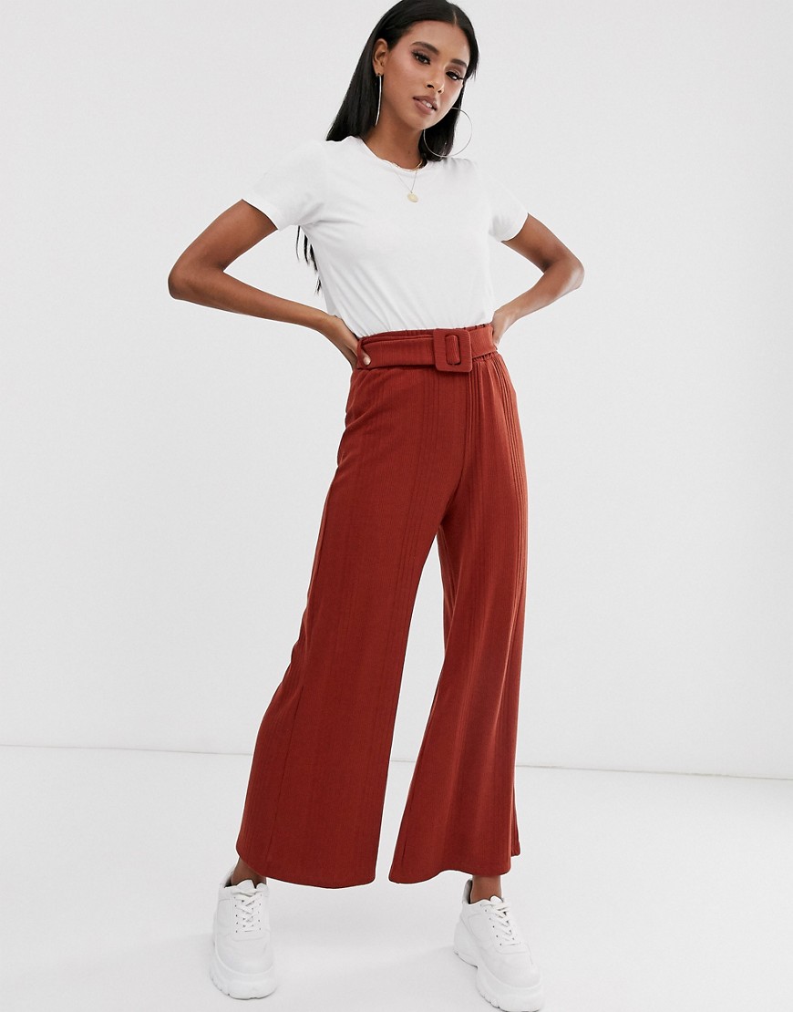 ASOS DESIGN rib wide leg trouser with self covered belt-Brown