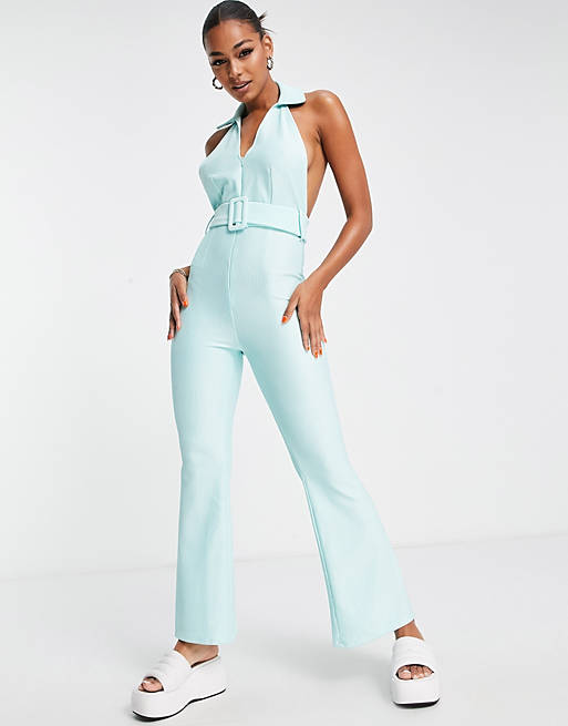 Ribbed zip front collared jumpsuit with belt in baby Asos Clothing Jumpsuits 