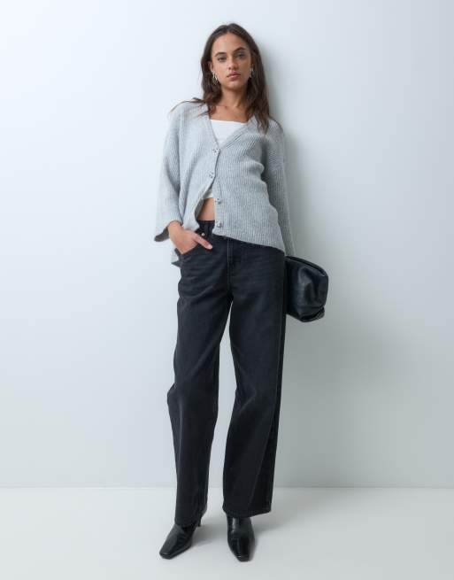 ASOS DESIGN ribbad kofta med v-ringning och vida trekvartsärmar i grått, 3 av 5