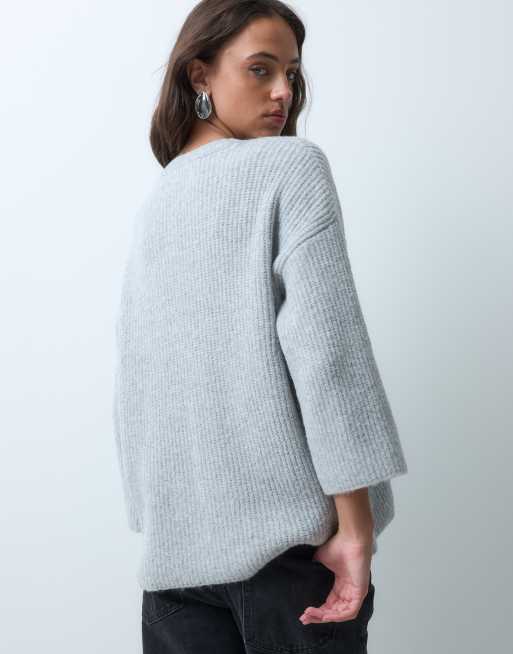 ASOS DESIGN ribbad kofta med v-ringning och vida trekvartsärmar i grått, 4 av 5