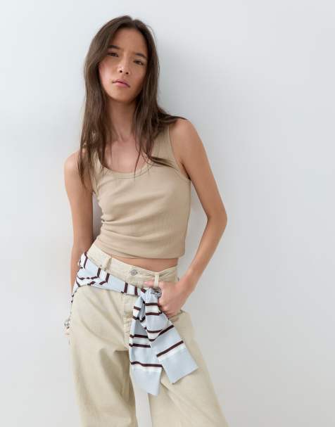 ASOS DESIGN ribbad linne med bred kant och djup halsringning i stenfärg - view 1