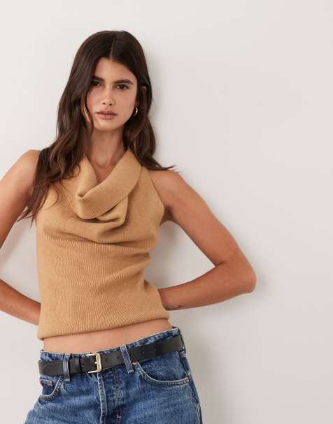 ASOS DESIGN ribbad topp med draperad halterneck i taupe - view 1
