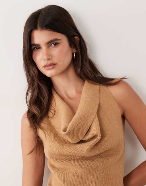 ASOS DESIGN ribbad topp med draperad halterneck i taupe, 2 av 4