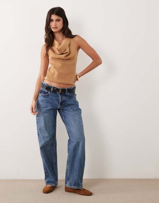 ASOS DESIGN ribbad topp med draperad halterneck i taupe, 3 av 4