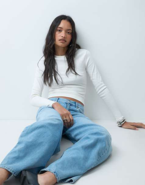 ASOS DESIGN ribbad topp med rund halsringning och långa ärmar i creme - view 1