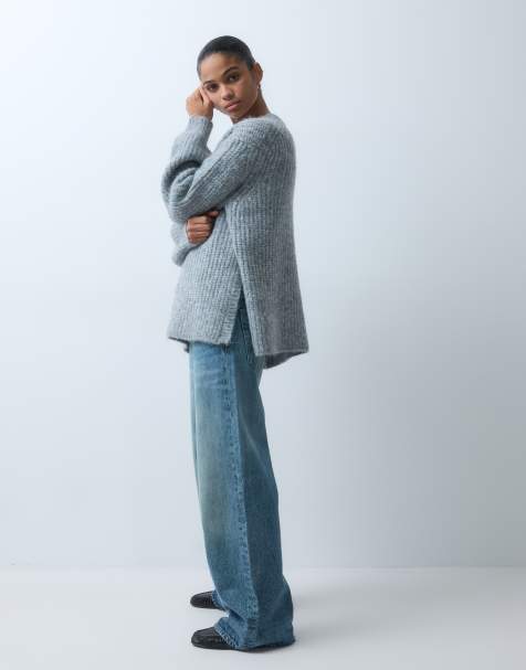 ASOS DESIGN ribbad tröja i lång modell med slits i sidan i grått med ylle - view 1