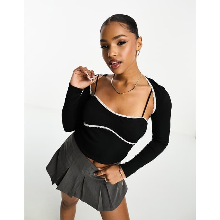 ASOS DESIGN 2 in 1 long sleeve rib top with cut out in black